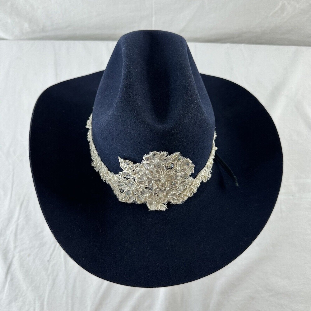 Vtg American Hat Company Co Cowboy Hat Sz 7 Maxi-felt Navy Blue Wedding Appliqué - Picture 3 of 11